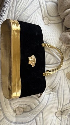 Versace Black Velvet and Gold Leather Handbag with Medusa Logo - Image 1 of 4