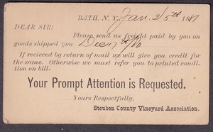 1887 Postkarte Steuben County Vineyard Association Bath New York / senden Sie uns Fracht - Bild 1 von 2