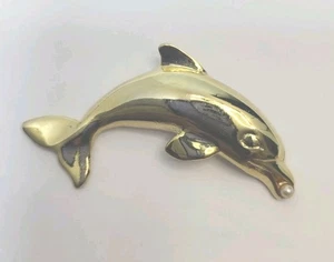 Vintage Gold Tone Dolphin Brooch Pin with Faux Pearl in Mouth 1980s - Picture 1 of 9