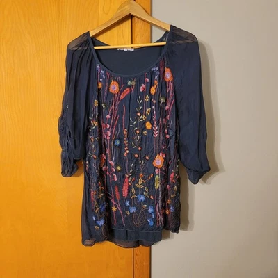 Blusa Tempo Paris Mujer Talla L Seda Forrada Floral Bordado Boho Festival’s Foto 1 de 4