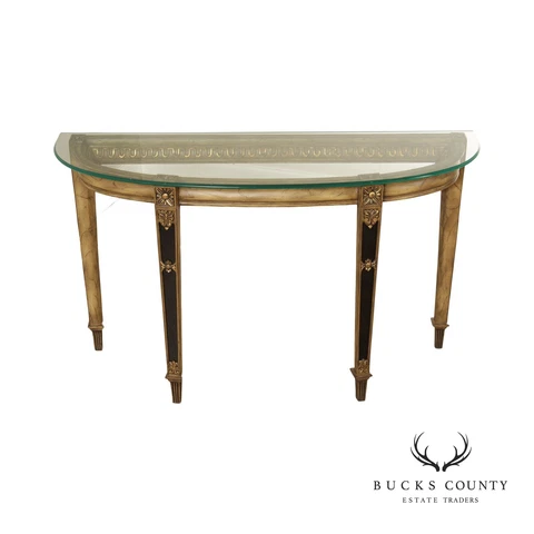French Louis XVI Style Glass Top Demilune Console Table Cover