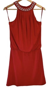 WHBM Halter Blouson Dress Size SMALL Red Midi Sleeveless Chain Neck Knee Length - Picture 1 of 13