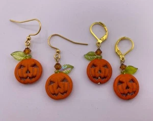 Halloween Earrings Pumpkin Earrings Handmade Orange Carved Jack-O-lantern - Picture 1 of 7