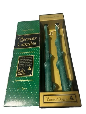 Set of 2 Vintage Beeswax Designs Floral design12" Taper Candles In Box Green - Image 1 of 2
