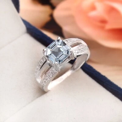 Anello In Argento Sterling 925 Con Gemma Azzurra Acquamarina Taglio Asscher - Immagine 1 di 4