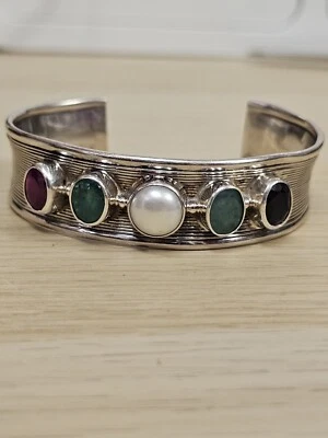 Silver Multi Gem Stone Bracelet Mexican Adjustable - Image 1 of 4