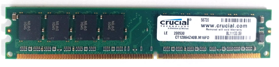 Crucial 1GB PC-3200 (DDR-400) Unbuffered CL3 184-Pin Memory (CT12864Z40B.M16FD) - Image 1 of 1
