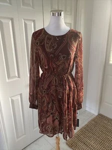 NUEVO CON ETIQUETAS TOMMY HILFIGER Paisley Marrón Óxido Gasa Cinturón Ajuste + Vestido Acampanado 10 $129 - Imagen 1 de 9