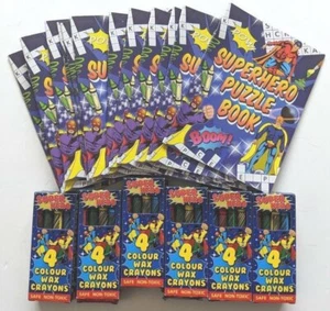 12 x Super Hero Puzzle Books & Superhero crayons - Party Loot Bag Toy Fillers - Picture 1 of 1