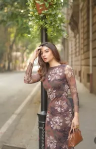 ZARA WOMAN FW24 MIDI FLORAL TULLE DRESS LIGHT BROWN REF:5039/397 SIZE S_NWT - Picture 1 of 24