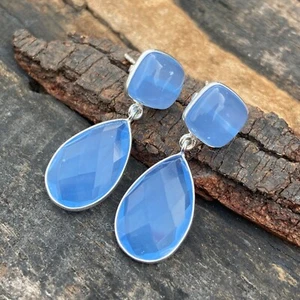 925 Sterling Silver Blue Chalcedony Faceted Stud Dangle Women Earring - Picture 1 of 7