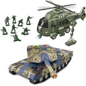Friction Power Military Toy Boys Army Tank Helicopter Truck Lights Sounds Gift - Picture 1 of 5
