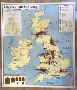 MAPA DE PARED ECONÓMICO GRANDE DE LAS ISLAS BRITÁNICAS CARBONO c. 1950 - Imagen 1 de 9