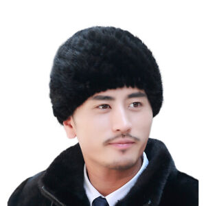 Men's Real Mink Fur Hat Winter Warm Beanie Cap Handmade Black Brown