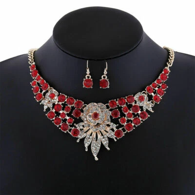 JUEGO DE COLLAR Y PENDIENTES DE CRISTAL GP CZ ROJO RUBÍ DIAMANTES DE IMITACIÓN MADRE, NUEVO+CAJA Foto 1 de 4