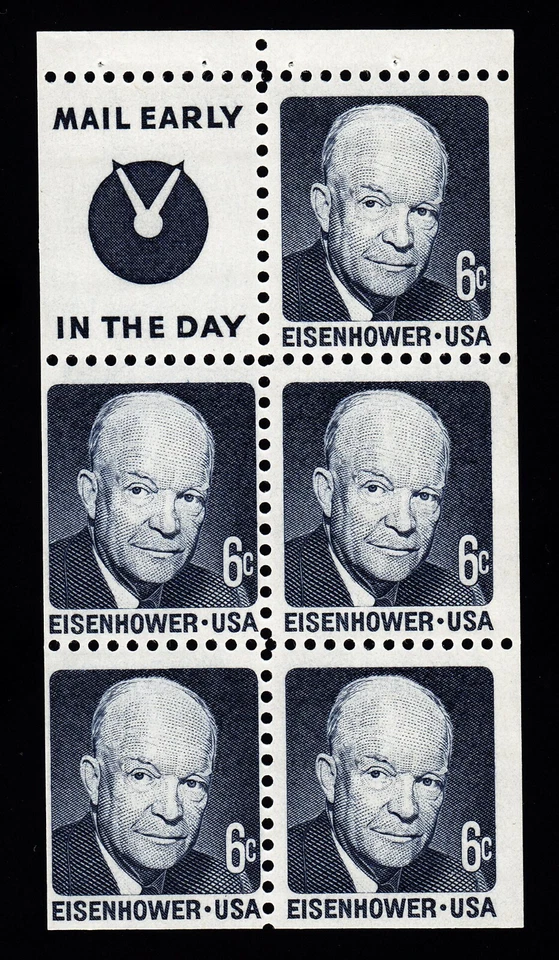 1393b “Eisenhower” 6c Booklet Pane of 5 + Label, Slogan 4, Shiny Gum, Unused NH - Image 1 of 1