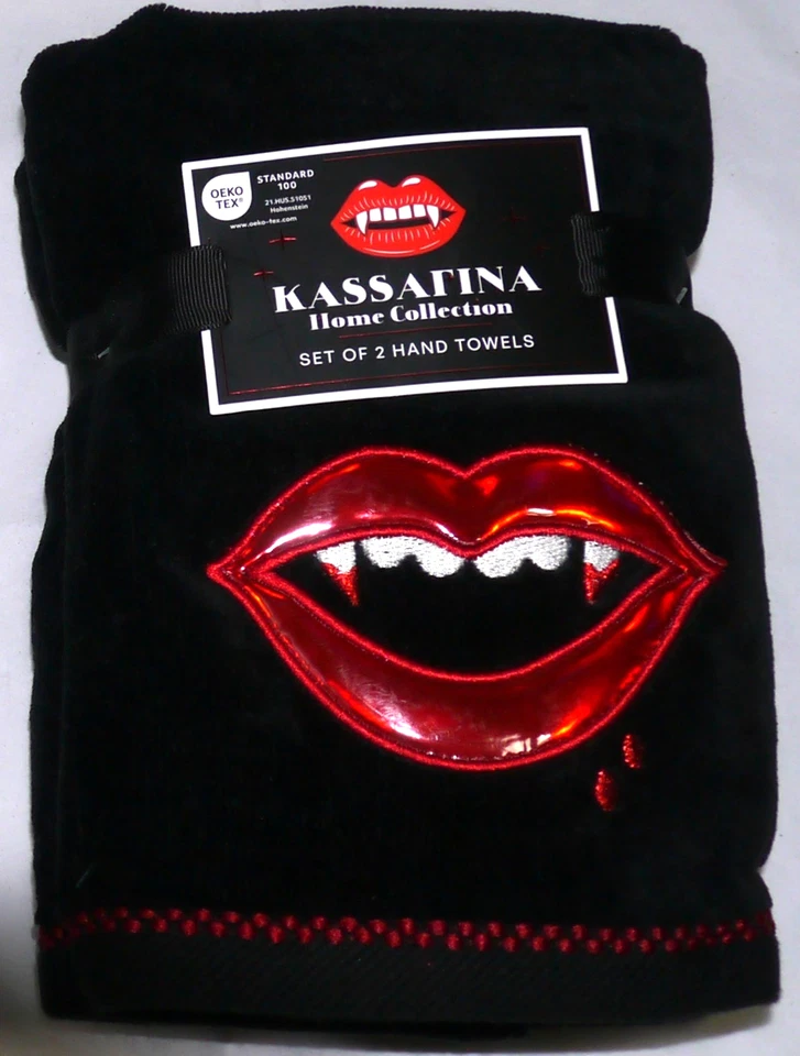 NEW Kassafina 2 Pk Embroidered Hand Towels HALLOWEEN Vampire Teeth Lips 16"x26" - Image 1 of 4