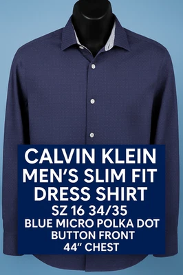 Calvin Klein Men’s Slim Fit Dress Shirt Sz 16 34/35 Blue Micro Polka Dot 44" - Image 1 of 4