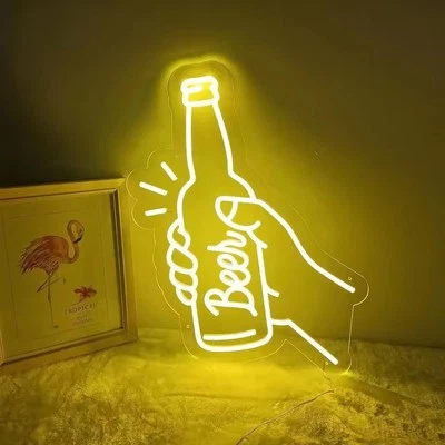 NEON LED Licht, dekorative Wand-Leuchte, Beer Flasche, gelb, ca. 43 x 31 x 2 cm - Bild 1 von 4