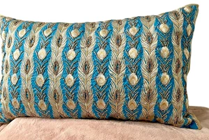 Pier 1 Gold Teal Blue Gold Pillow 14x23 Embroidered Peacock Feather Beaded - Picture 1 of 9