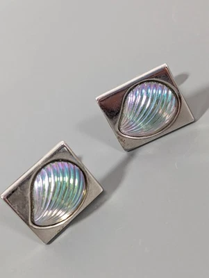 Vintage Hickok USA Iridescent Lucite Shell Square Cufflinks SIlver Tone - Image 1 of 4