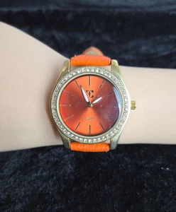 CC Gold-Tone Quartz Watch With Orange Leather Strap & Rhinestone Bezel For Women - Picture 1 of 10