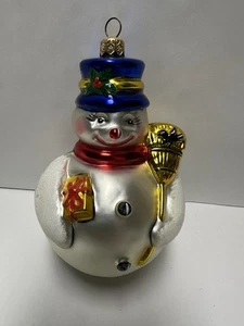 NEW KURT ADLER BLOWN GLASS SNOWMAN ORNAMENT GOLD BROOM BLUE HAT- 6”T POLONAISE - Picture 1 of 5