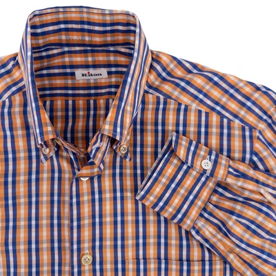 Camisa masculina Kiton pequena manga longa azul laranja xadrez branco 100% algodão Itália - Imagem 1 de 4
