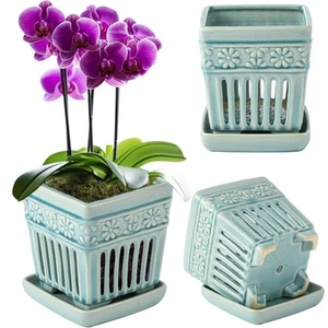 2 Set Orchid Pots with Holes and Separate Saucer Ceramic Orchid Planter with ... - Picture 1 of 6