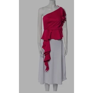 Theia One Shoulder Top Hot Pink Ruffle Detail Party Cocktail Blouse - Picture 1 of 7