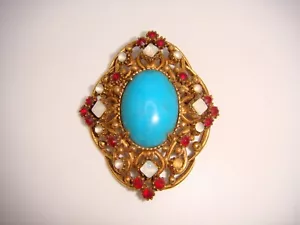 DE COLECCIÓN BROCHE COLGANTE FLORENZA IMITACIÓN TURQUESA RUBÍ PIEDRA LUNAR FIRMADO TONO DORADO - Imagen 1 de 13