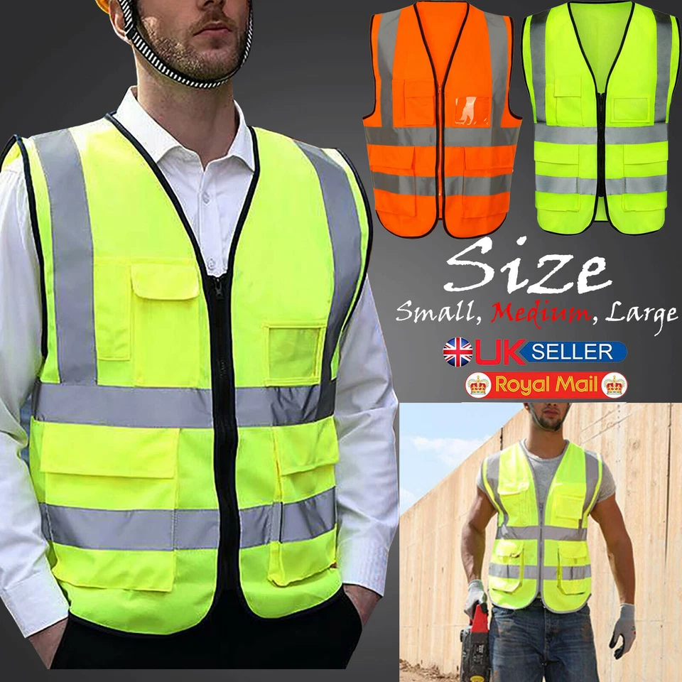 HI VIS VIZ VEST HIGH VISIBILITY WORK WAISTCOAT WITH PHONE & ID POCKETS YELLOW