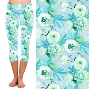 Blue White Floral Flower Leaves Women's CAPRI Leggings Plus Size TC 10-18 - Picture 1 of 2