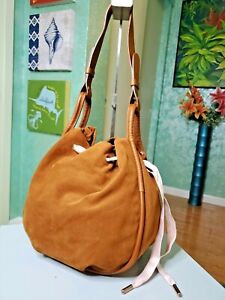 Repetto Brown Suede Leather Bucket Drawstrings Pink Ribbons Shoulder Hobo Bag