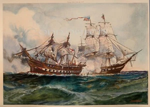 Fotograbado original pintado a mano J O Davidson 1891. Fragata Estados Unidos 1812 - Imagen 1 de 7