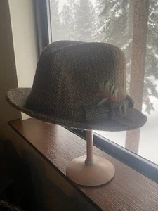 Stetson Wool Fedora 7 1/4 tweed usa made trilby cap vintage feather herringbone - Picture 1 of 9