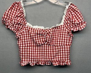 Shein Mujeres Rojo Blanco Cuadros Manga Corta Encaje Acento Crop Camisa Ajustada Talla M - Imagen 1 de 8