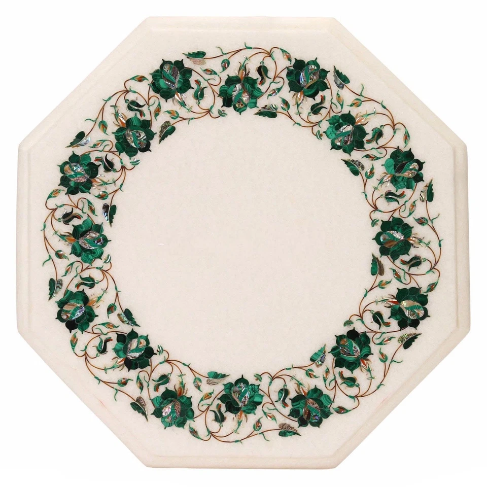 15" white Marble Inlaid semi precious stones side / end table handmade art work - Image 1 of 1