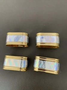 Vintage Set Of 4 Gold Silver Tone Iridescent Harlequin Design Napkin Rings - Picture 1 of 7
