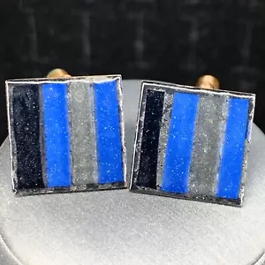 Cufflinks Copper Enamel Blue Black Grey Square Vintage - Picture 1 of 7
