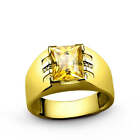 Men's Ring with Citrine Gemstone and Diamonds in 14k Solid Yellow Gold