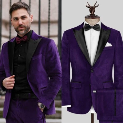 Traje de hombre púrpura oscuro terciopelo pico solapa un solo pecho negocios boda personalizado Foto 1 de 4