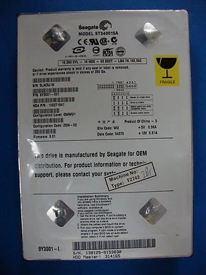 Seagate 9Y3001-001 ST340015A 40GB Hard Drive P/N 100271841 0WWU1 ZDH-02 FW 3.01 - Image 1 of 4