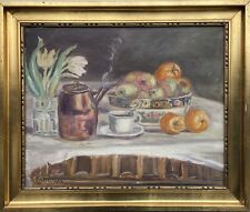 Antikes Ölbild Stillleben mit Kaffeekanne Obstschale Blumen Jugendstil Art Déco 