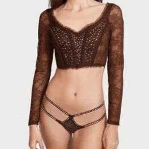 Victoria’s Secret Shimmer Long Sleeve Lace Bra Top Womens Medium Brown - Picture 1 of 8