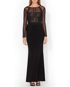 Lauren Ralph formal lace Bustier illusion long sleeve Long Black dress 6 NEW - Picture 1 of 3