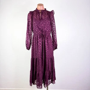 Julia Jordan Clip Dot Ruffle Drawstring Long Sleeve Midi Dress Burgundy Sz 2 NWT - Picture 1 of 12