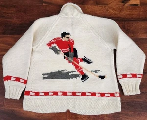 Cárdigan Suéter Vintage Mary Maxim Tejido a Mano Cremallera Completa Jugador de Hockey Pequeño Mediano - Imagen 1 de 18