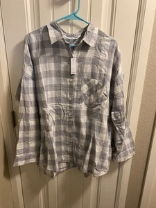NWT Old Navy XL Flannel Top Women Boyfriend Blouse Gray White Shirt Plaid - Picture 1 of 8