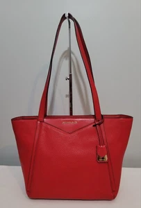 Michael Kors Whitney Tote Bag Red Pebbled Leather Zip Top Shoulder Purse - Picture 1 of 20